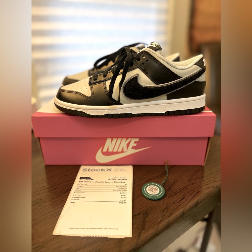 Nike Dunk Low Chenille Swoosh Black Grey 8.5Men/10Women